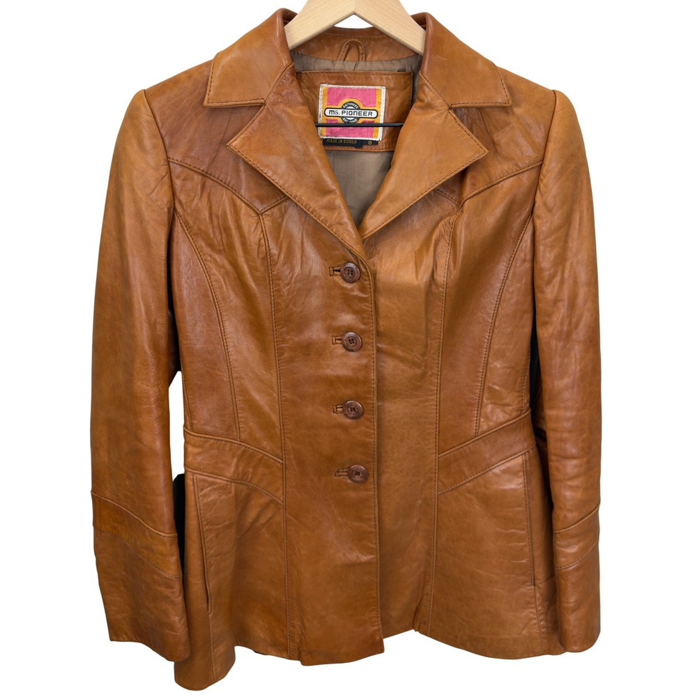 VTG 70s Ms Pioneer Leather Jacket Cognac Womens Size 8 Retro Boho Indie Western